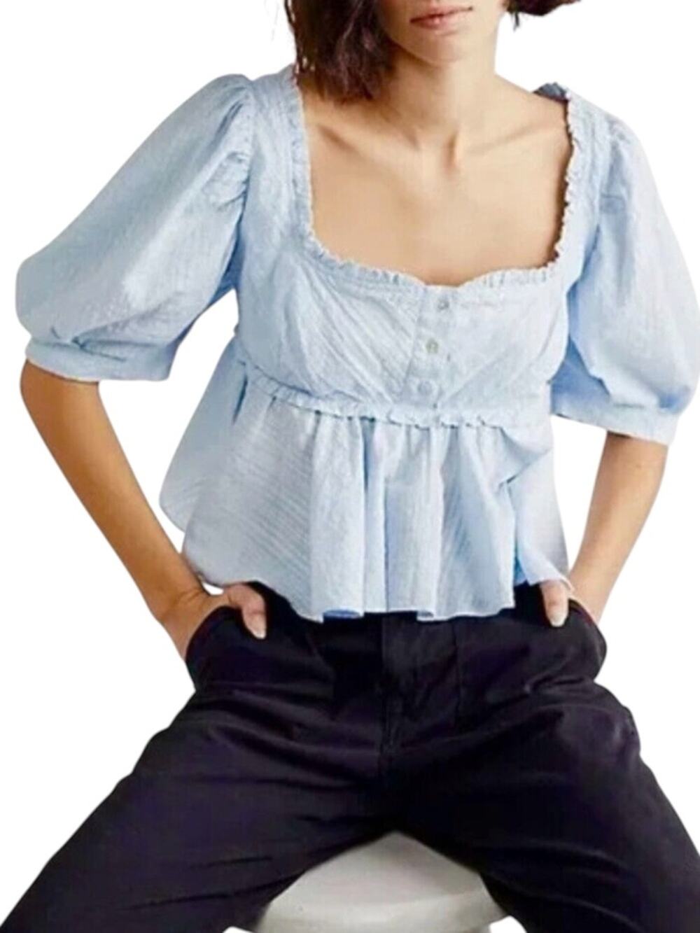 Free People Leave It To Me Baby Blue Puff Sleeve Square Neck Babydoll Top SMALL